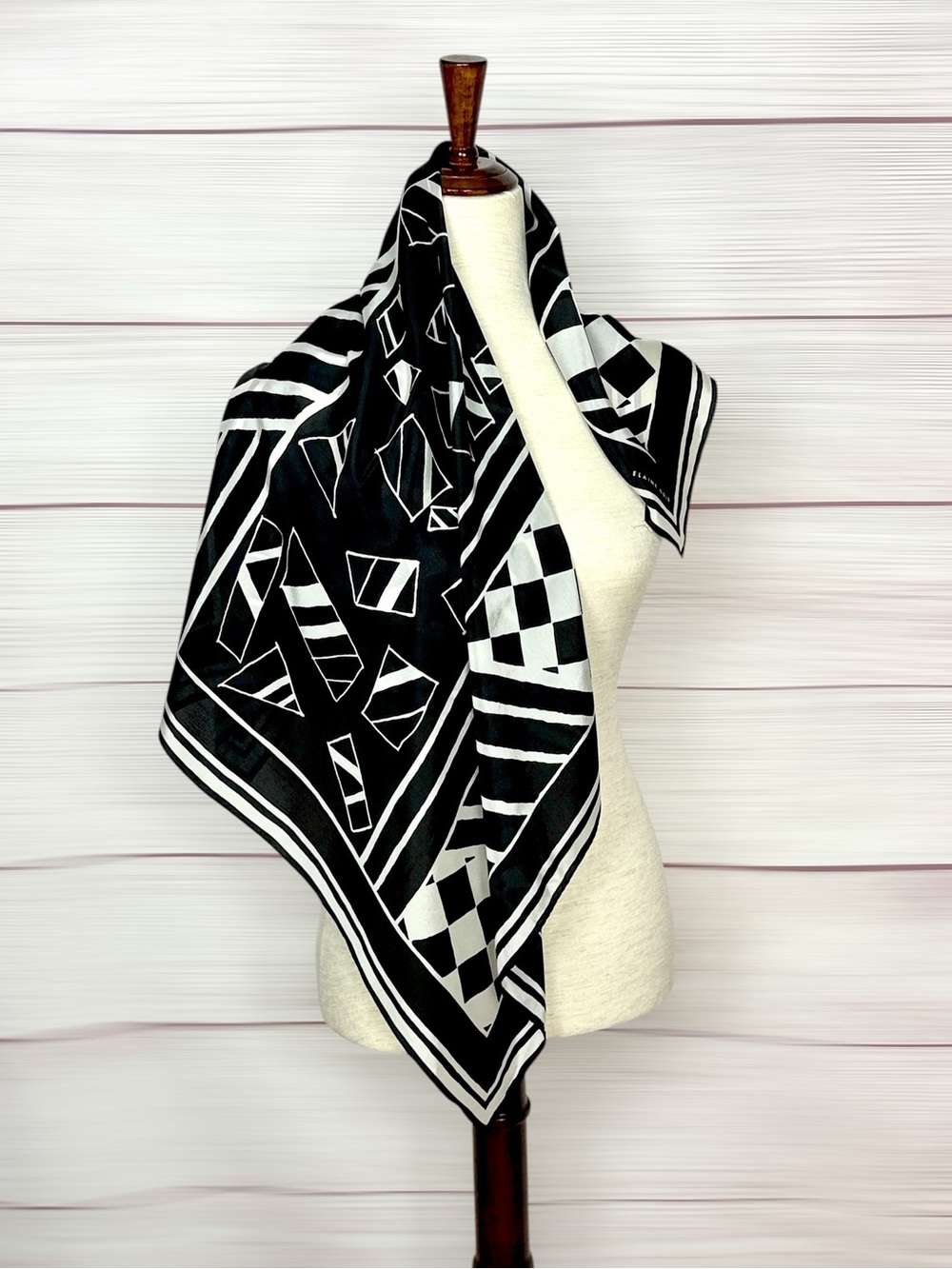 Elaine Gold Square Silk Scarf Black White Geometric Print made in Japan 31x31"